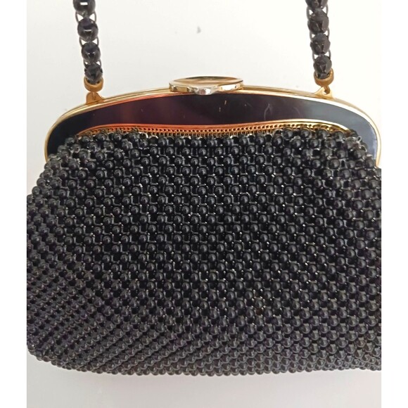 VTG Whiting & Davis Blk Beaded Mesh Blk/Gold Enamel Frame Bag Made in USA - Picture 3 of 11